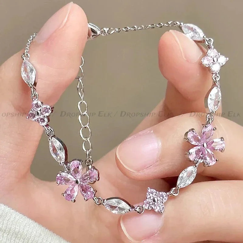 Koreanische Elegante Kirschblüte Bogen Zirkon Armband Y2K Süße Damen Hochzeit Kristall Blumen Armbänder Frauen Schmuck Zubehör