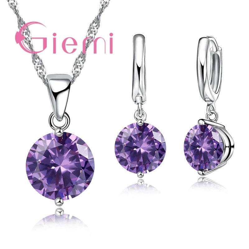 Heißer Verkauf, beliebt, klassisch, rund, 925er Silber, Hochzeit, Verlobung, Schmuck-Sets für Frauen, Anhänger, Halskette, Creolen