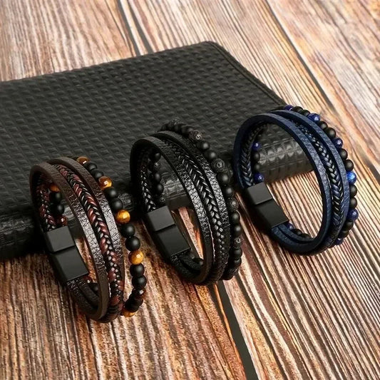 Herren Lederarmband Ferdт Klassische Mode Tigerauge Perlen Mehrschichtiges Lederarmband für Männer Schmuck Geschenk Pulseras
