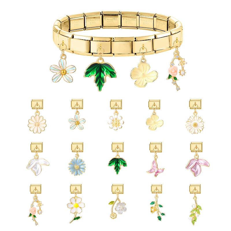 Neue Gold Farbe Blumen Blätter Vintage Anhänger Italienischen Charme Link Fit 9MM Edelstahl Armband Männer Frauen DIY Machen geschenke