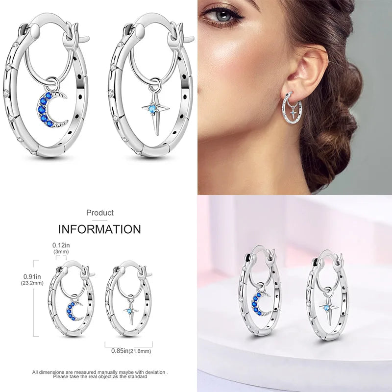 Leuchtende Muschel-Ohrringe für Damen, Original-Ohrringe aus 925er-Sterlingsilber, Pavé-CZ-Stern, Mond, Creolen, Verlobung, Hochzeit, Schmuck