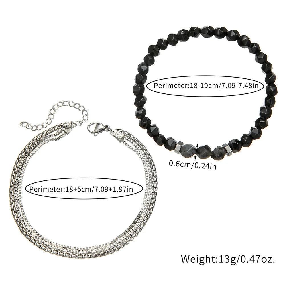 Meetvii 2PC Schwarz Abschnitt Stein Perlen Armbänder für Männer Mode Hip Hop Kette Armband Set Kombination Schmuck