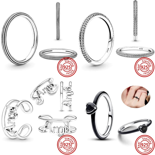 Neuer Pantaro Me-Fingerring aus 925er-Sterlingsilber, Liebesengel, Wort, schwarzes Herz, Zirkon, Original-Charm-Ringe, funkelnder Hochzeitsschmuck