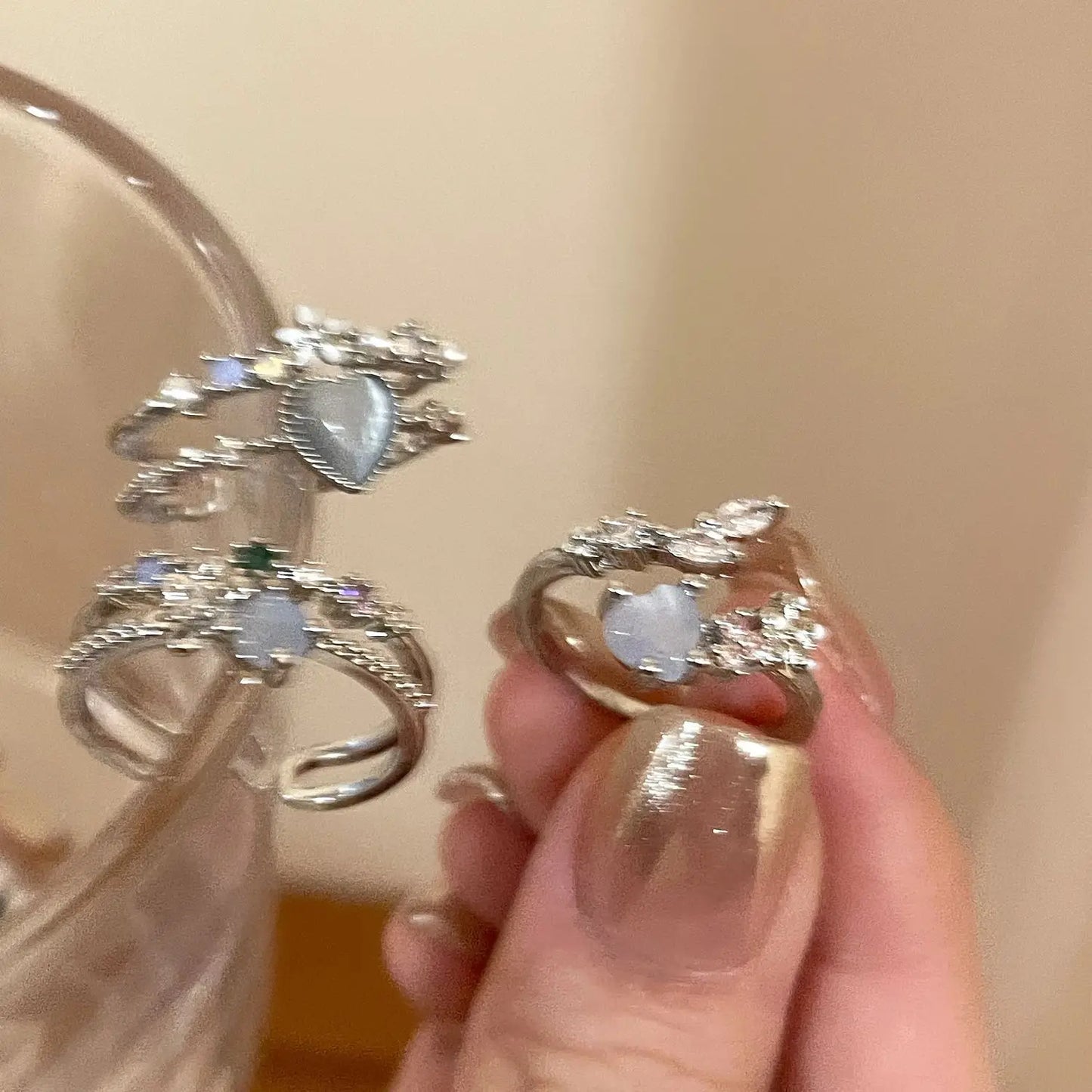 3PCS Trendy Y2k Herz-förmigen Zirkon Rosa Kristall Ringe Frauen Elegante Exquisite Shiny Offenen Kristall Ring Mädchen Partei schmuck Geschenke