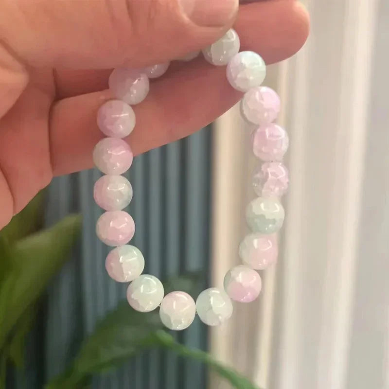Natürliches rosa/buntes Kristall-/Porzellan-Armband mit Eis-Rissmuster und gemusterten Perlen, einzelner Kreis, glücklicher Heilstein, Schmuck, Geschenk