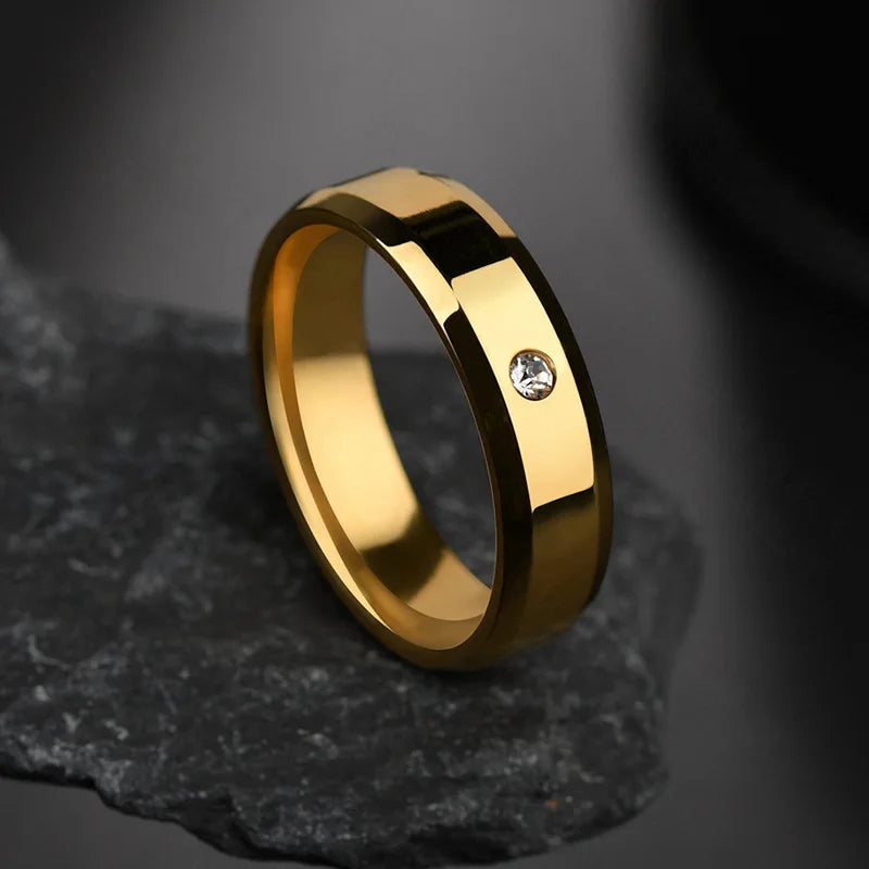 6mm einfache Zirkon Paar Ringe für Liebhaber Gold Farbe Edelstahl Frauen Männer Eheringe