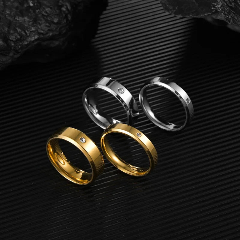 6mm einfache Zirkon Paar Ringe für Liebhaber Gold Farbe Edelstahl Frauen Männer Eheringe