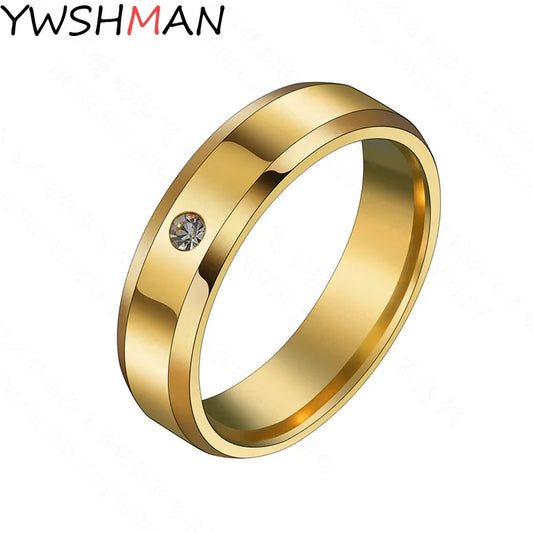 6mm einfache Zirkon Paar Ringe für Liebhaber Gold Farbe Edelstahl Frauen Männer Eheringe
